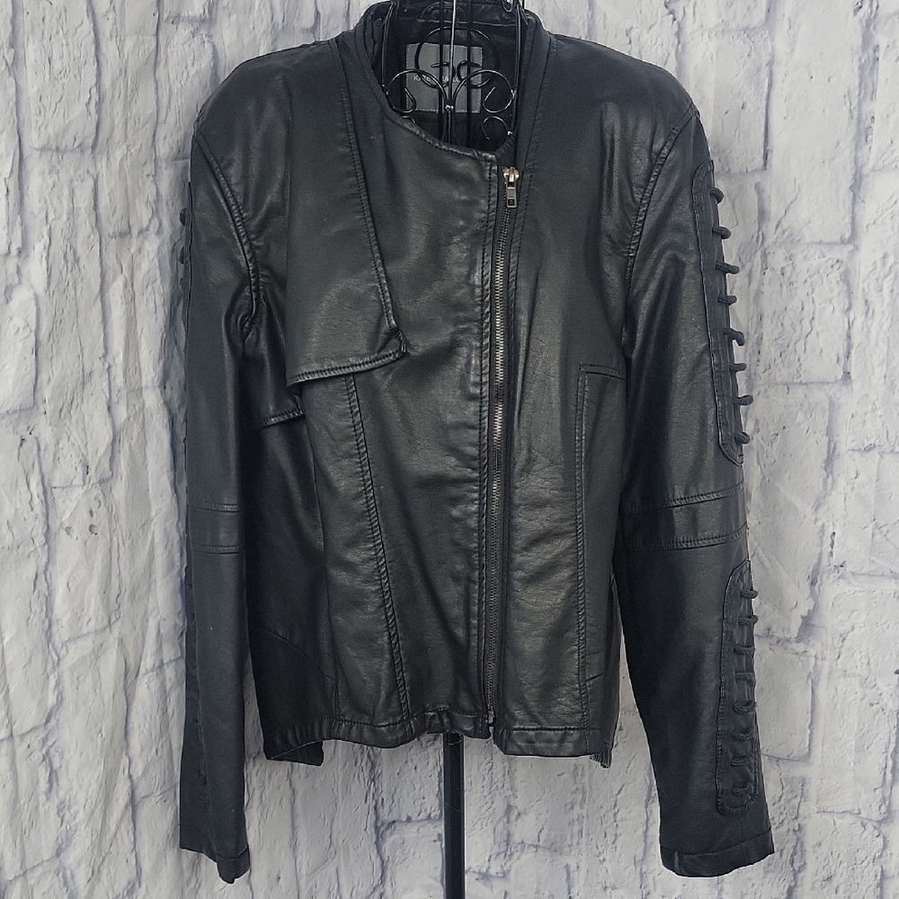 Kate & Mallory Black Faux‎ Leather Zip Up Women's Moto Jacket